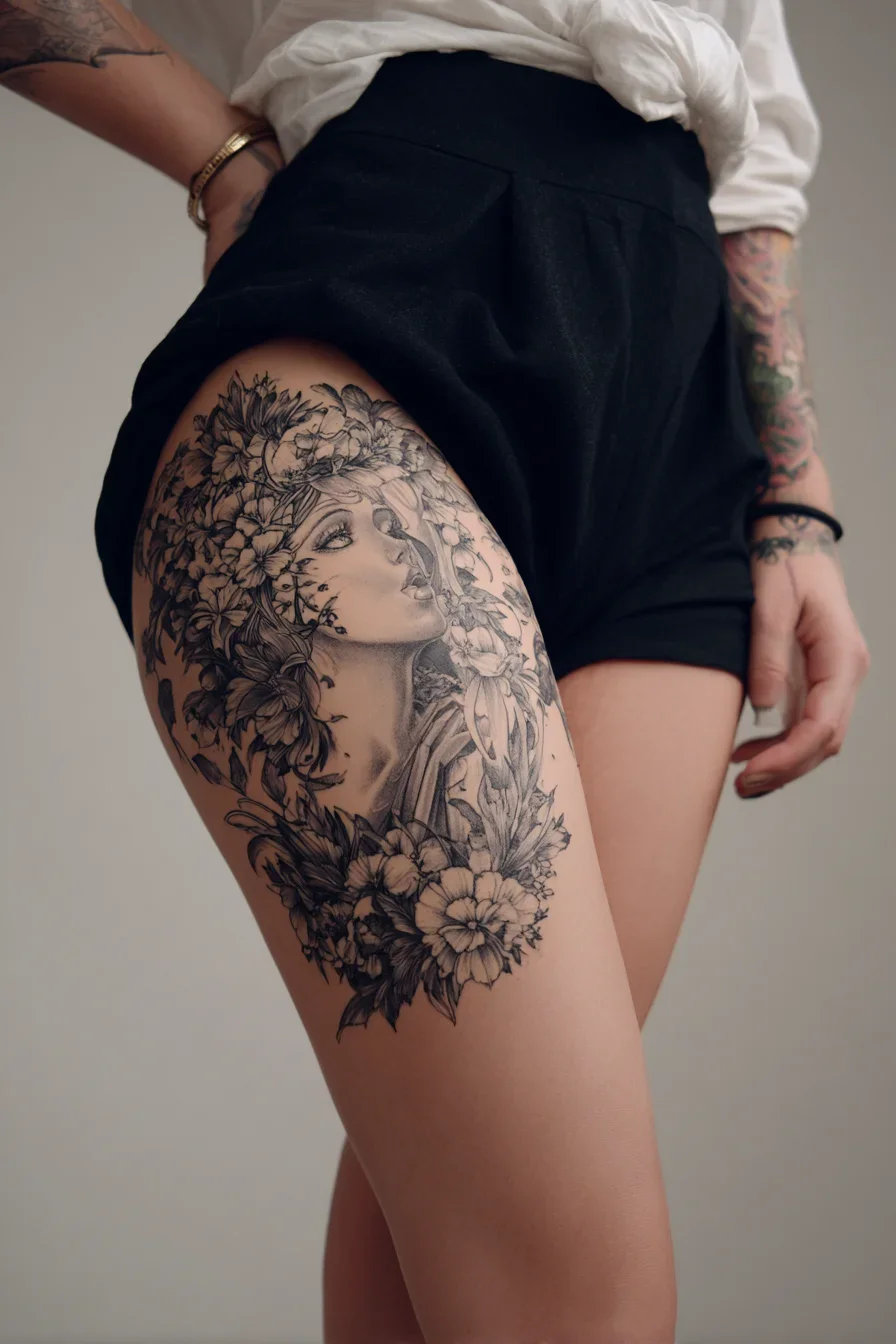 Floral Portrait Thigh Tattoo