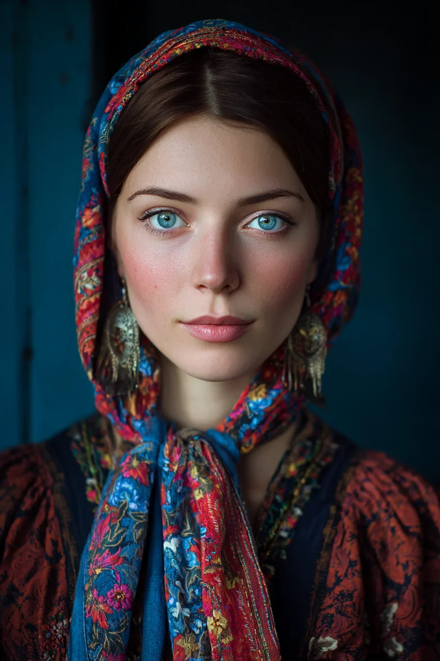 Floral Scarf, Piercing Blue Eyes
