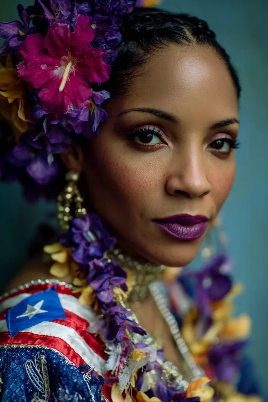 Flowers, Flag, and Deep Plum Lips