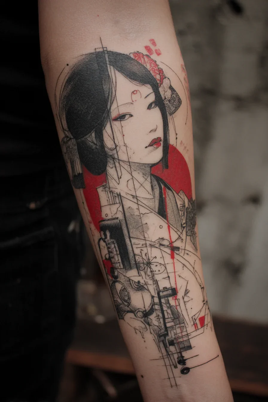 Geisha and Machinery Forearm Tattoo