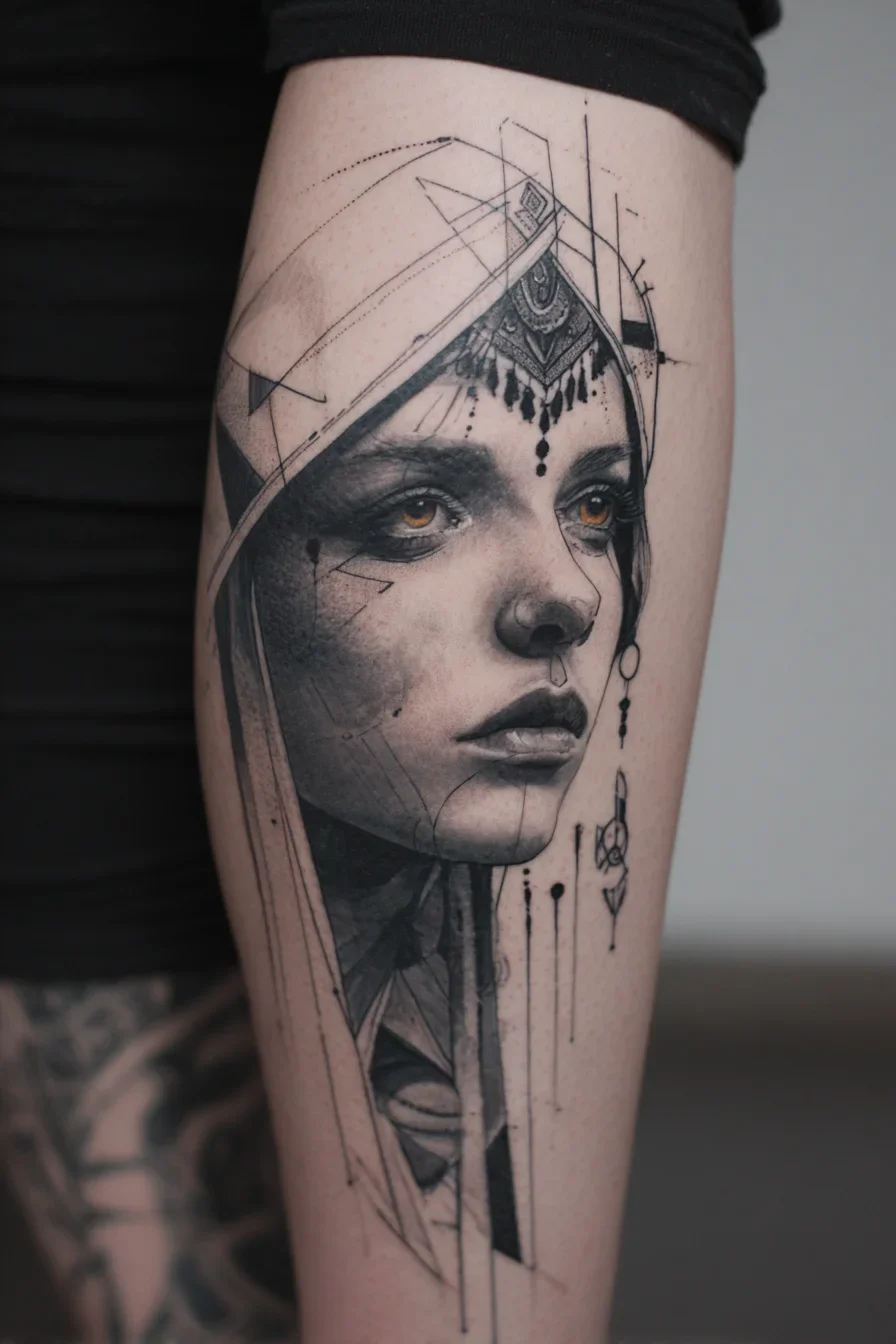Geometric Portrait Tattoo on Forearm