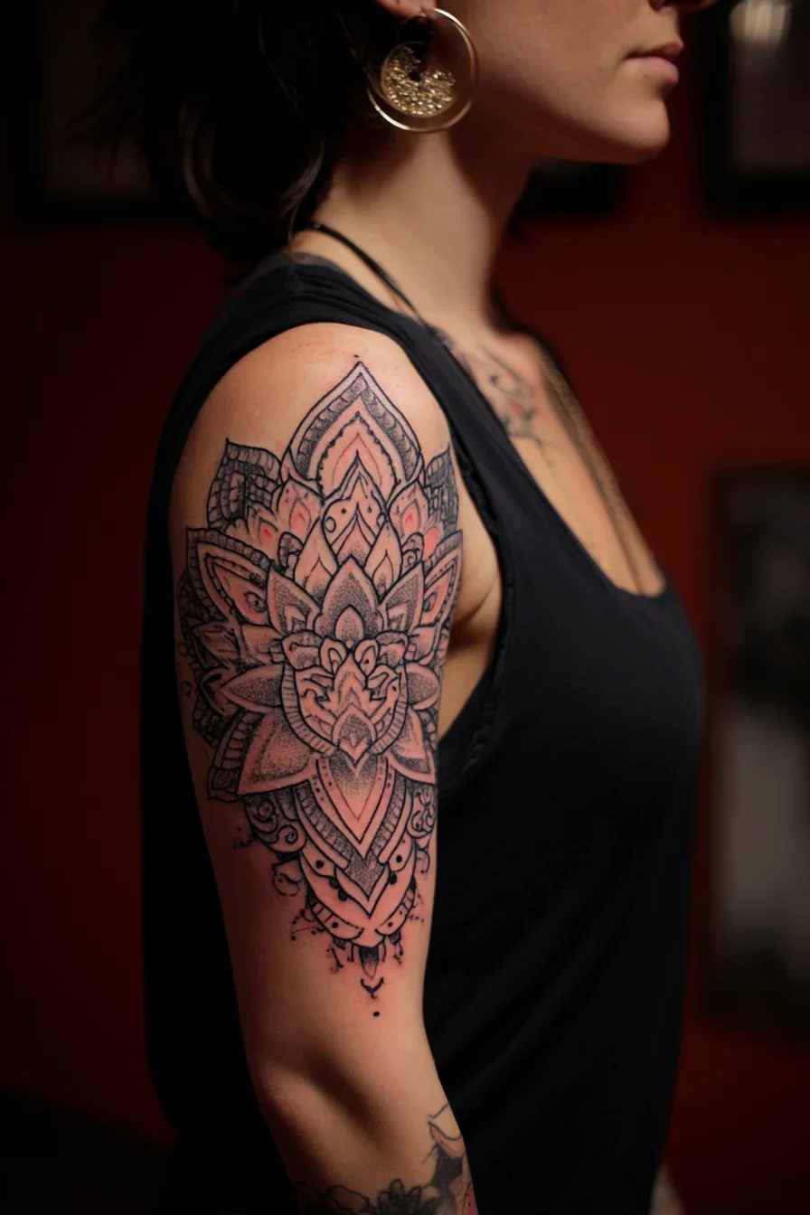 Mandala Shoulder Tattoo in Black and Blush
