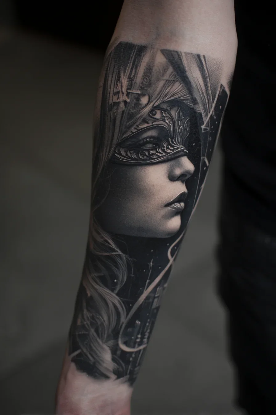 Masked Woman in Black and Grey