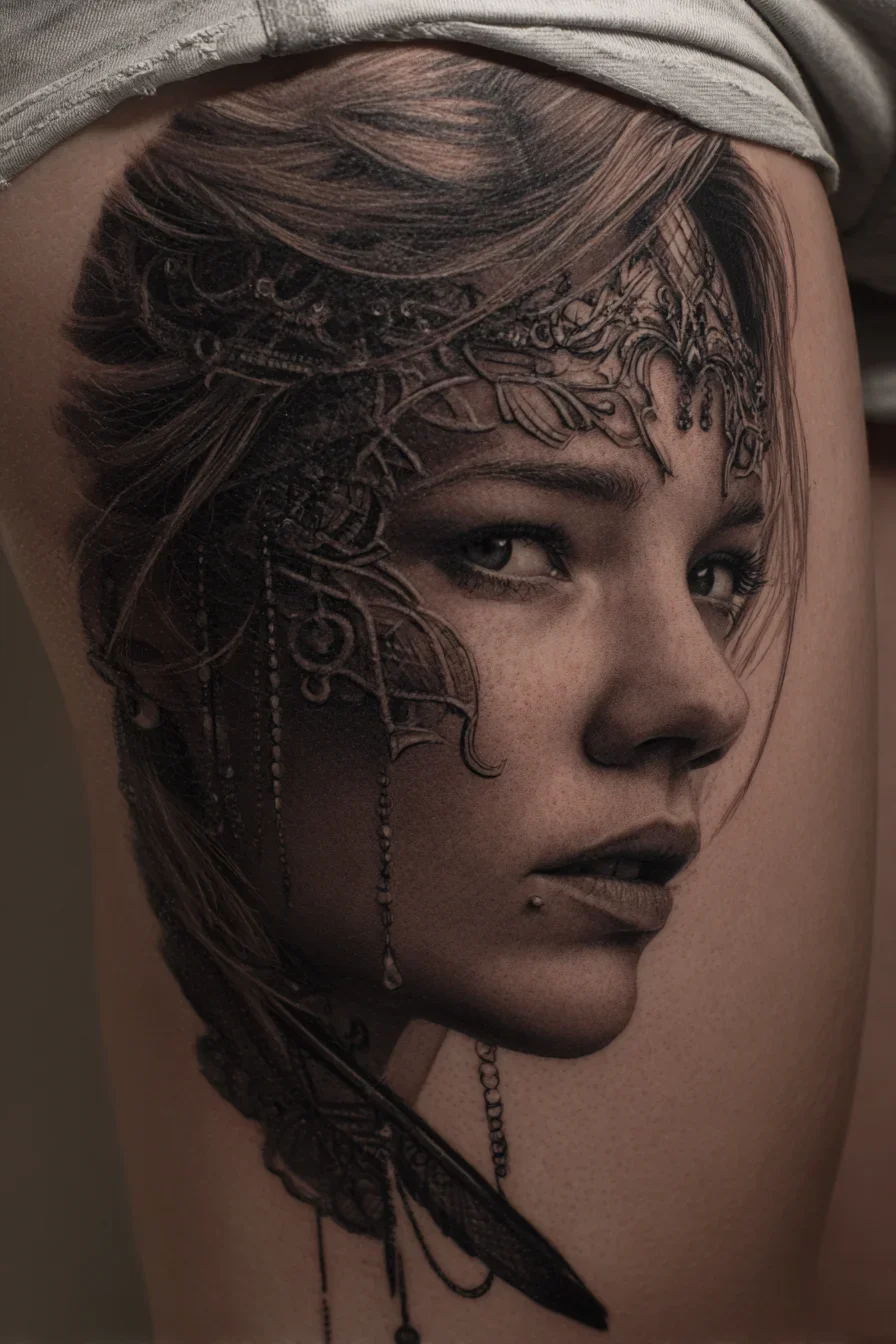 Ornate Portrait Tattoo on the Thigh