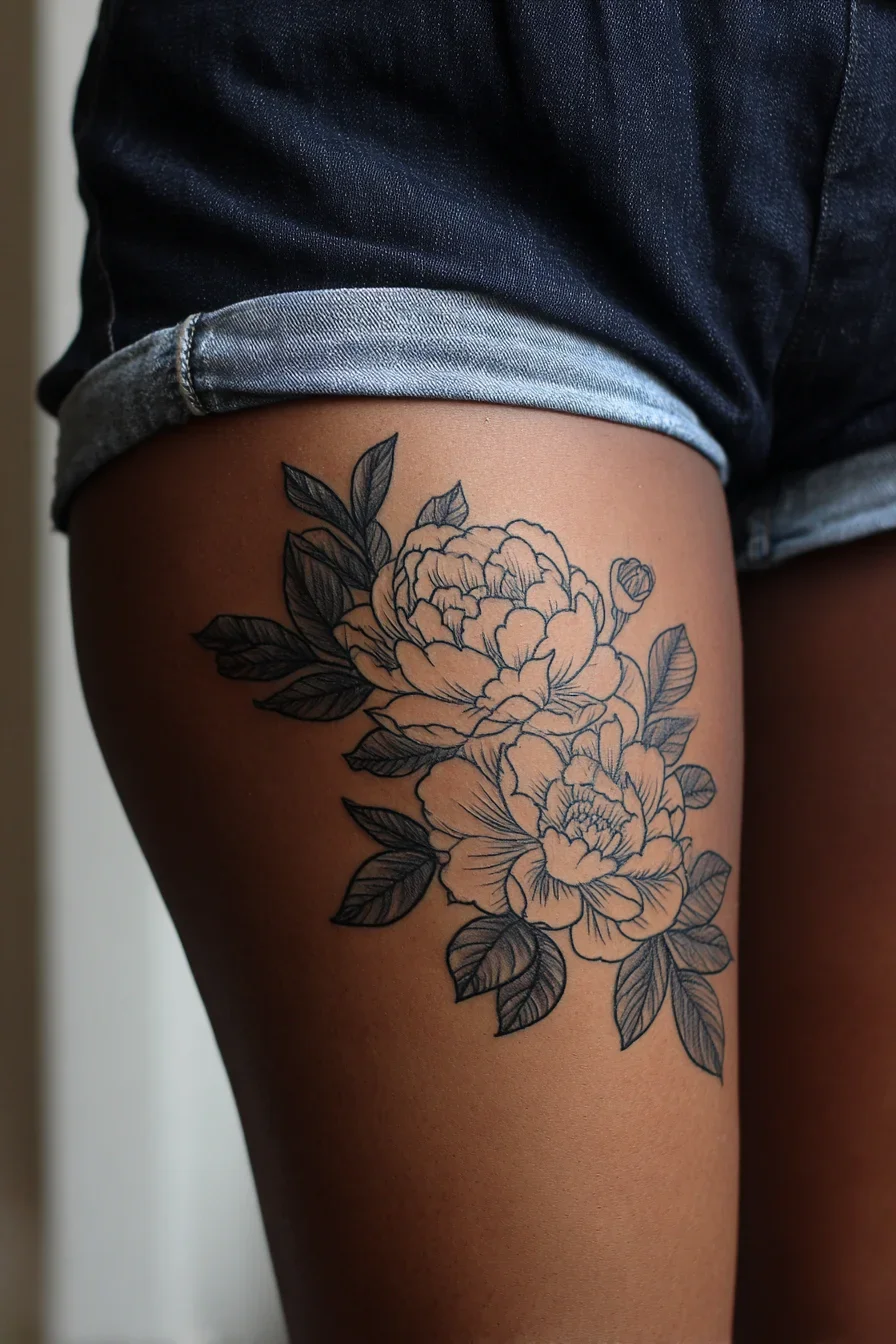 Peony Linework on the Thigh