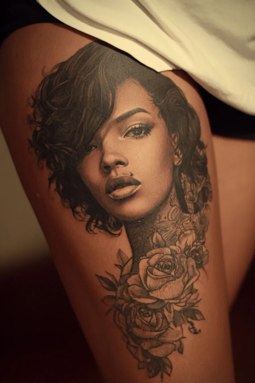 Portrait and Roses Thigh Piece