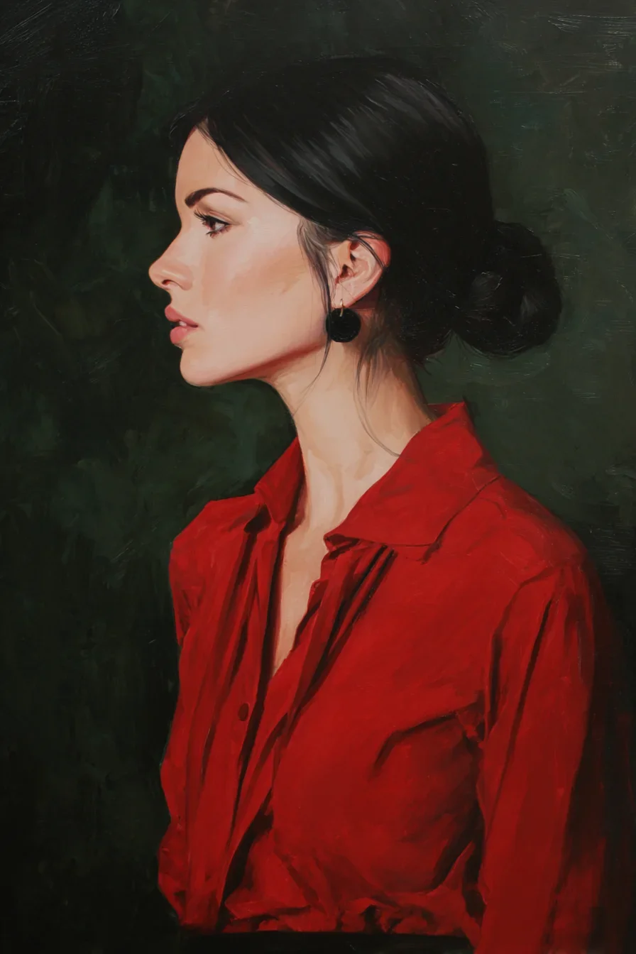 Portrait in Red Against Deep Green