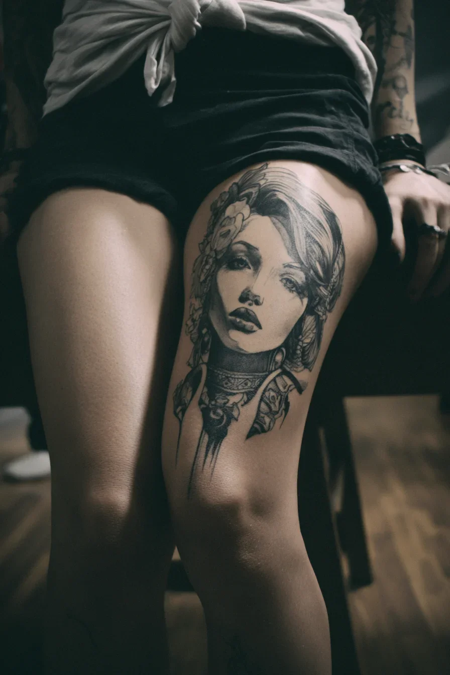 Portrait Tattoo on the Thigh
