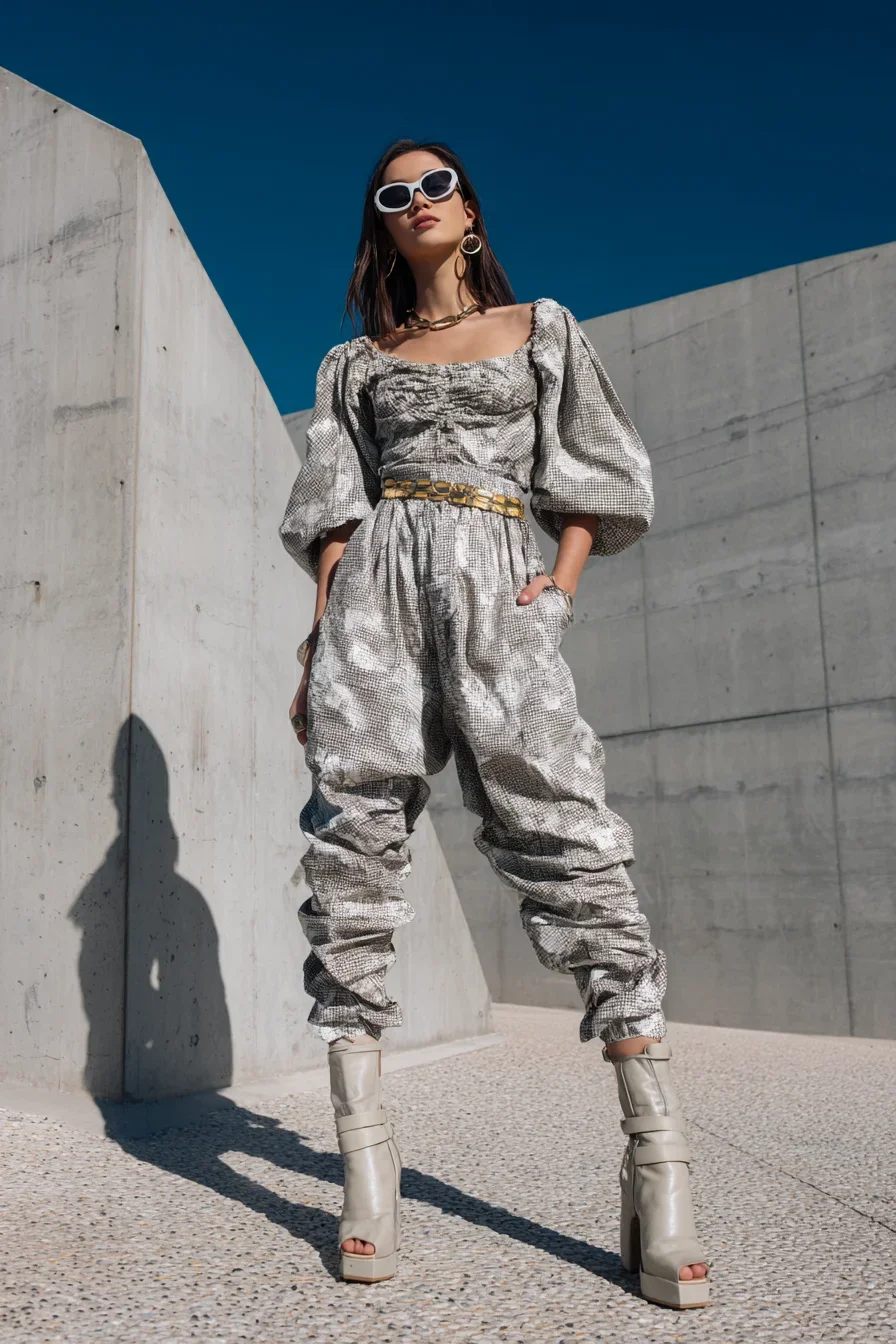 Silver Jumpsuit Against Raw Concrete