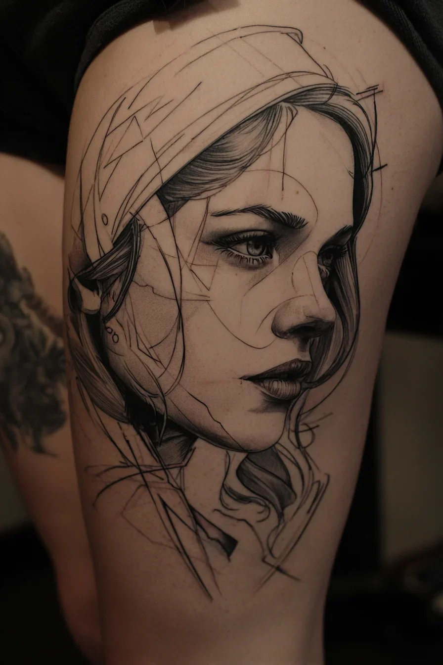 Sketch-Style Portrait Thigh Tattoo