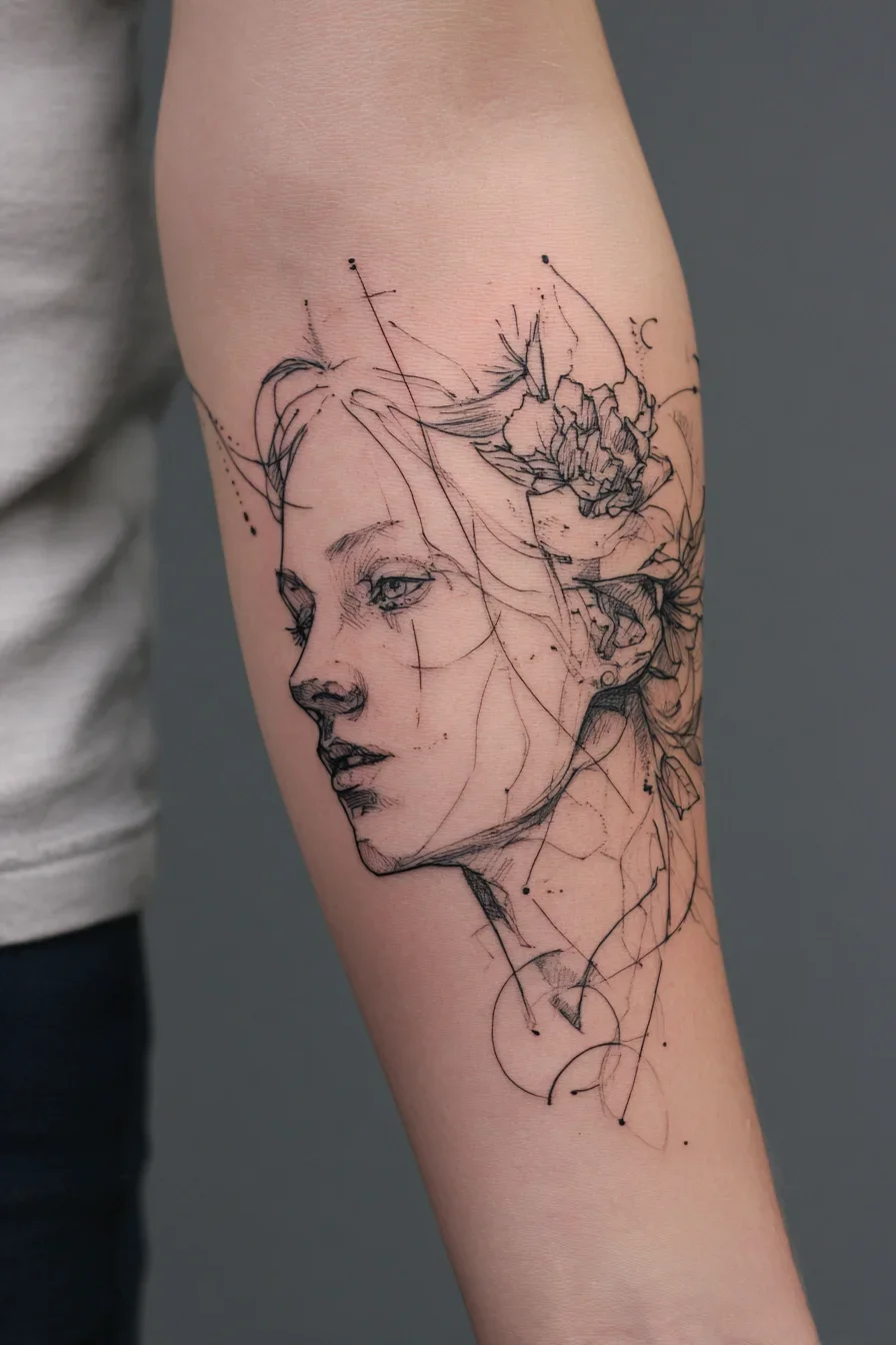 Sketch-Style Portrait with Florals