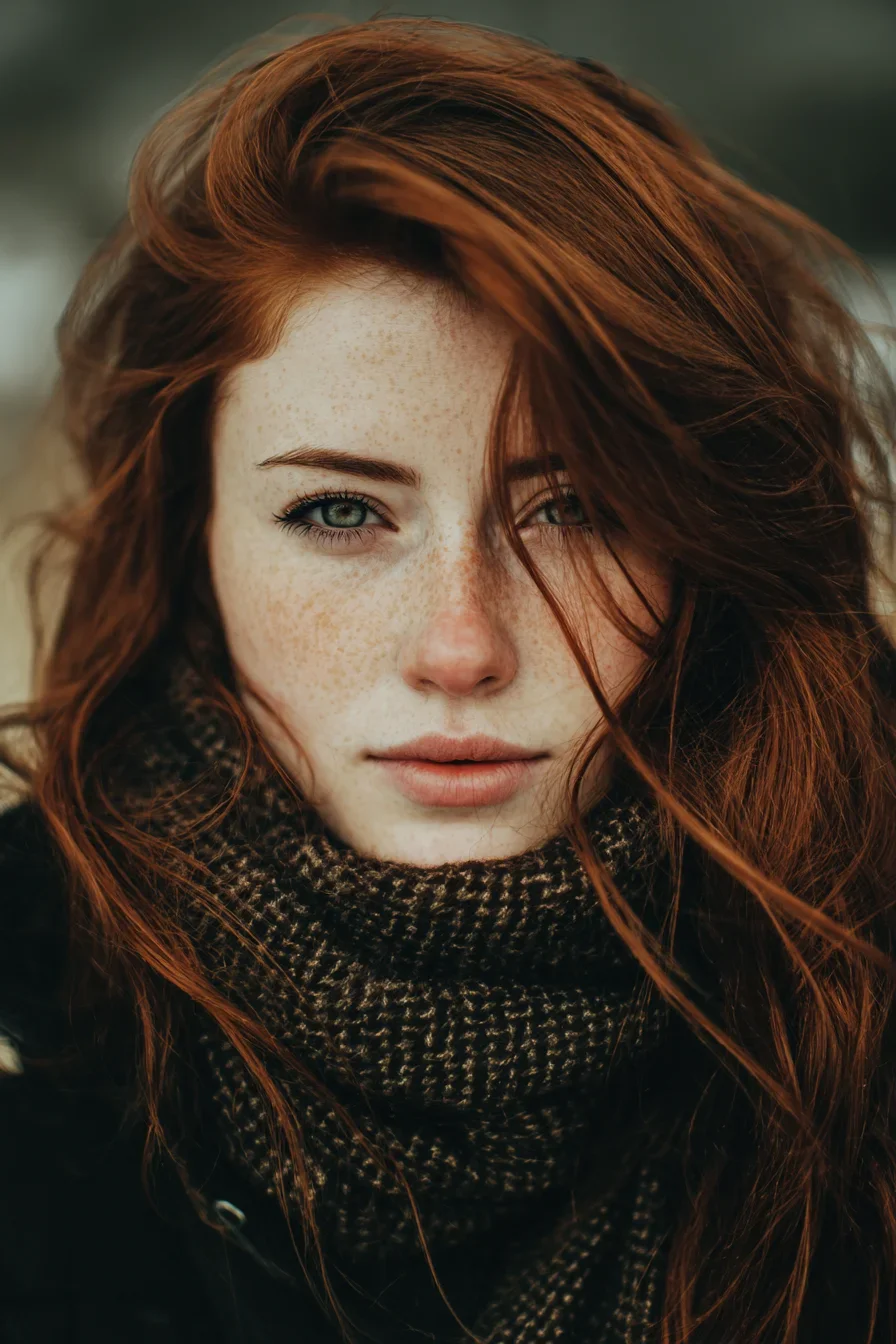 Wind-Swept Auburn Hair in Winter Light